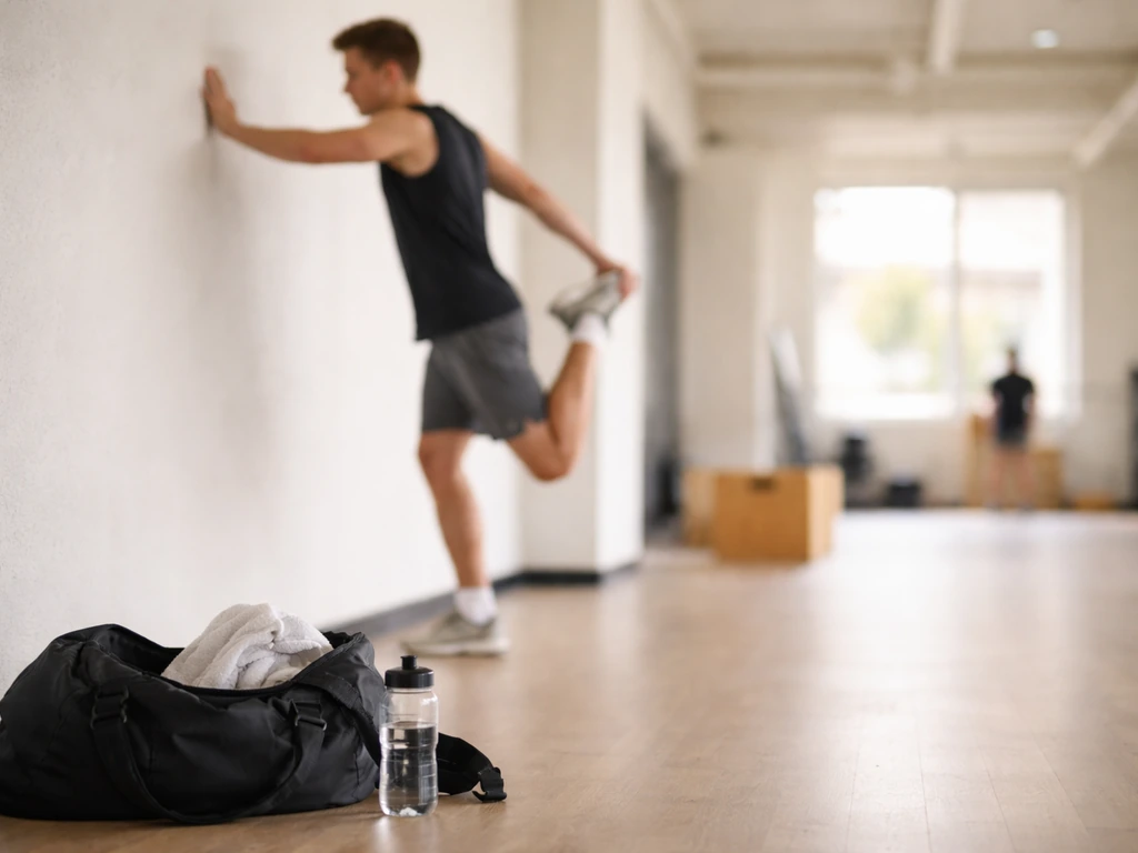 Jeune athlète en salle s’étire, sac de sport au sol, ambiance de progression vs apprentissage.