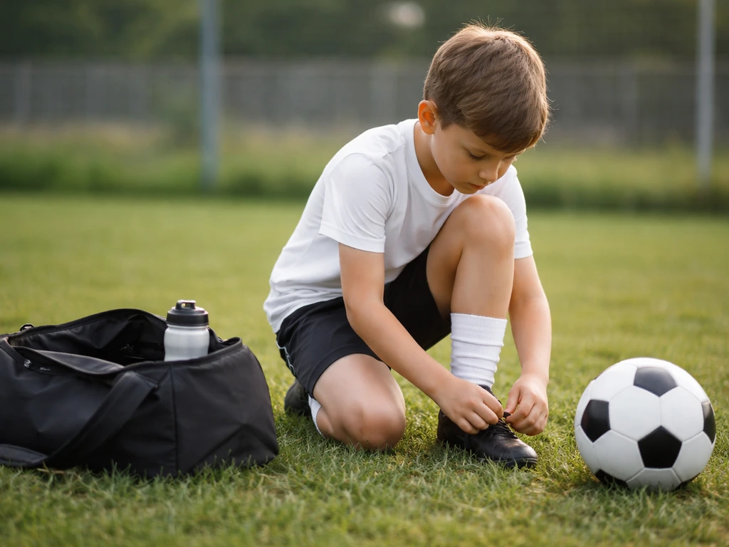 Jeune sportif en herbe à l’entraînement, ballon au sol, sac de sport près d’un terrain en extérieur