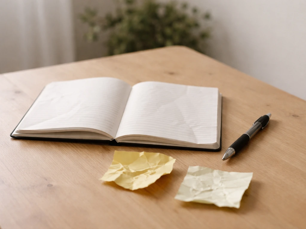Bureau avec carnet ouvert, deux post-it froissés et un stylo, lumière naturelle, ambiance d’erreurs à corriger.