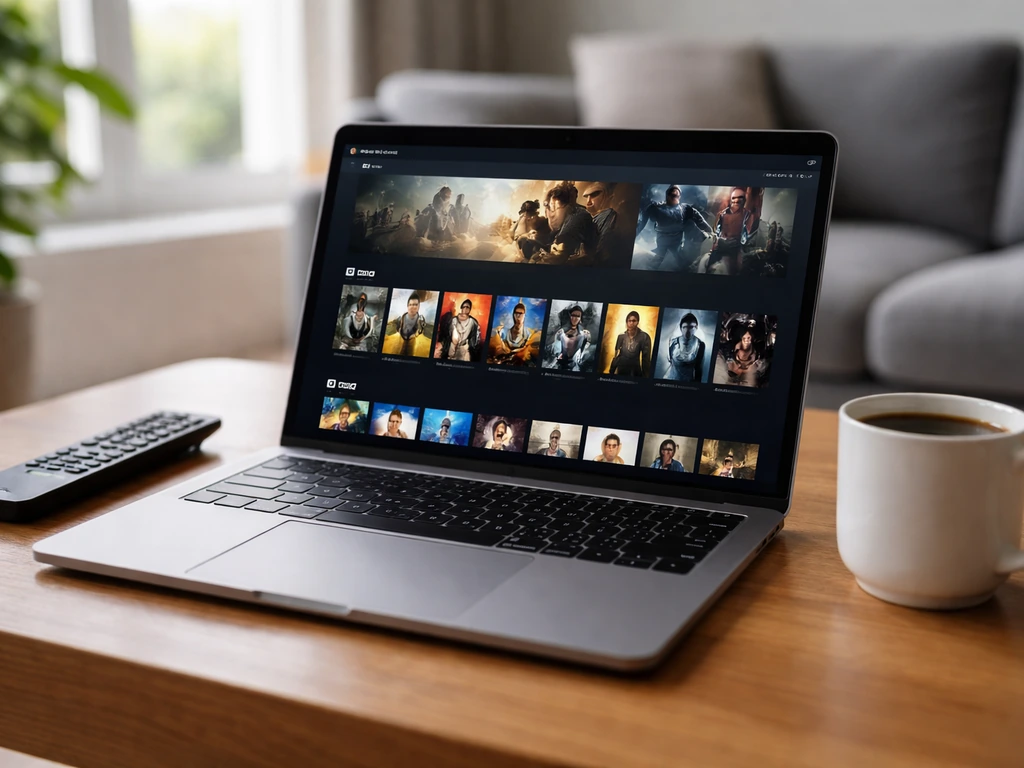 Ordinateur portable affichant une plateforme VOD française générique avec options location et achat, dans un salon.