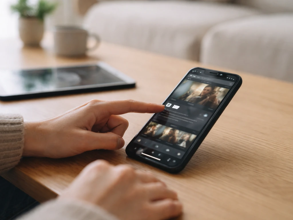 Smartphone en main affichant une interface de recherche et une fiche de film, dans un salon lumineux.