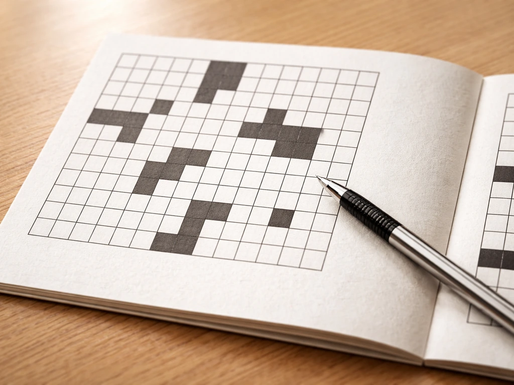 Grille de mots croisés avec un stylo pointant des cases à remplir, ambiance calme et méthodique.
