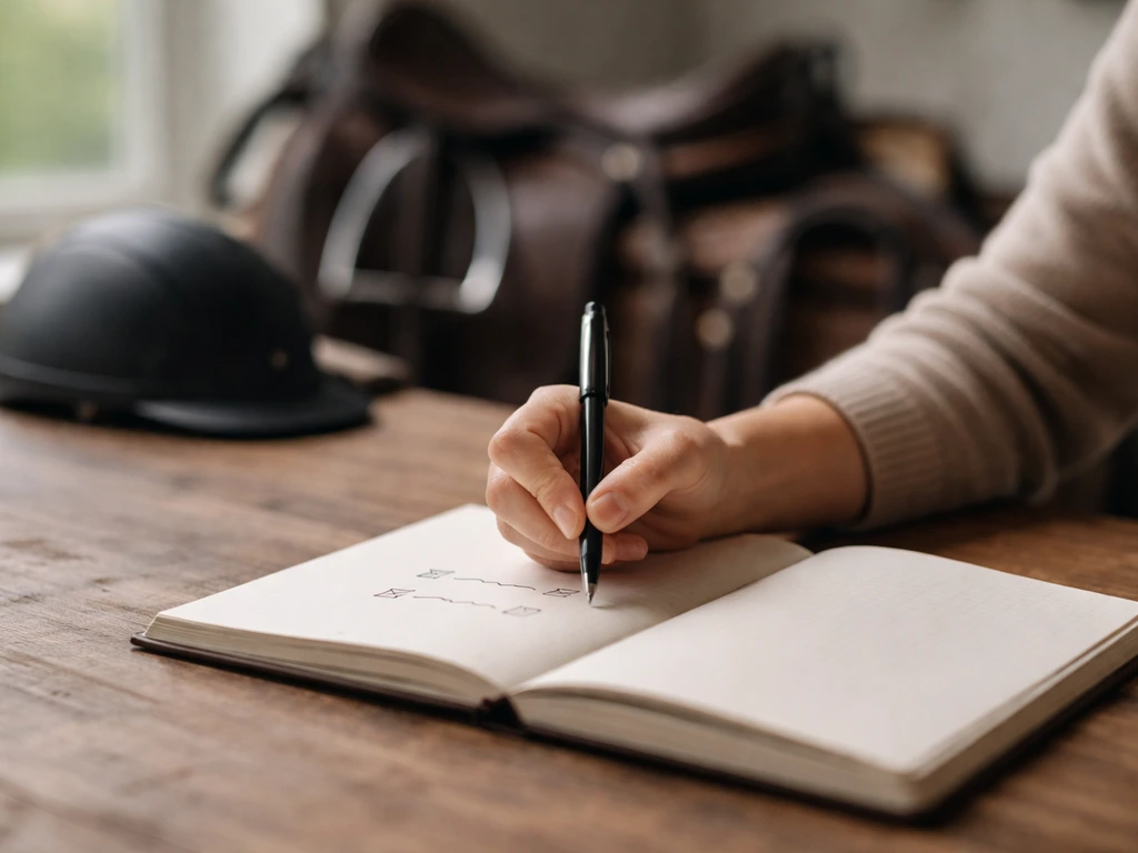 Mains qui prennent des notes dans un carnet, matériel d’équitation flou en arrière-plan, ambiance de préparation.