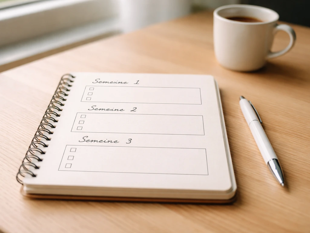 Carnet ouvert sur table avec encadrés “Semaine 1-3” et cases à cocher, stylo et café en arrière-plan.