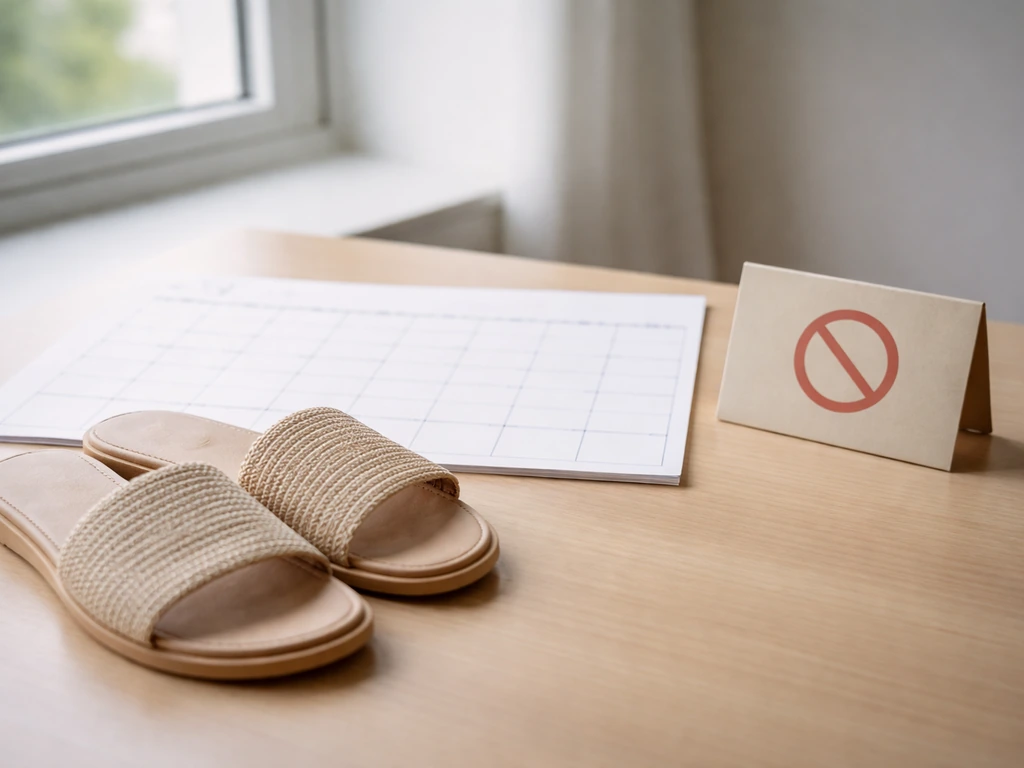 Bureau avec un calendrier vide, des chaussures ouvertes et une alerte visuelle suggérant une erreur à éviter.