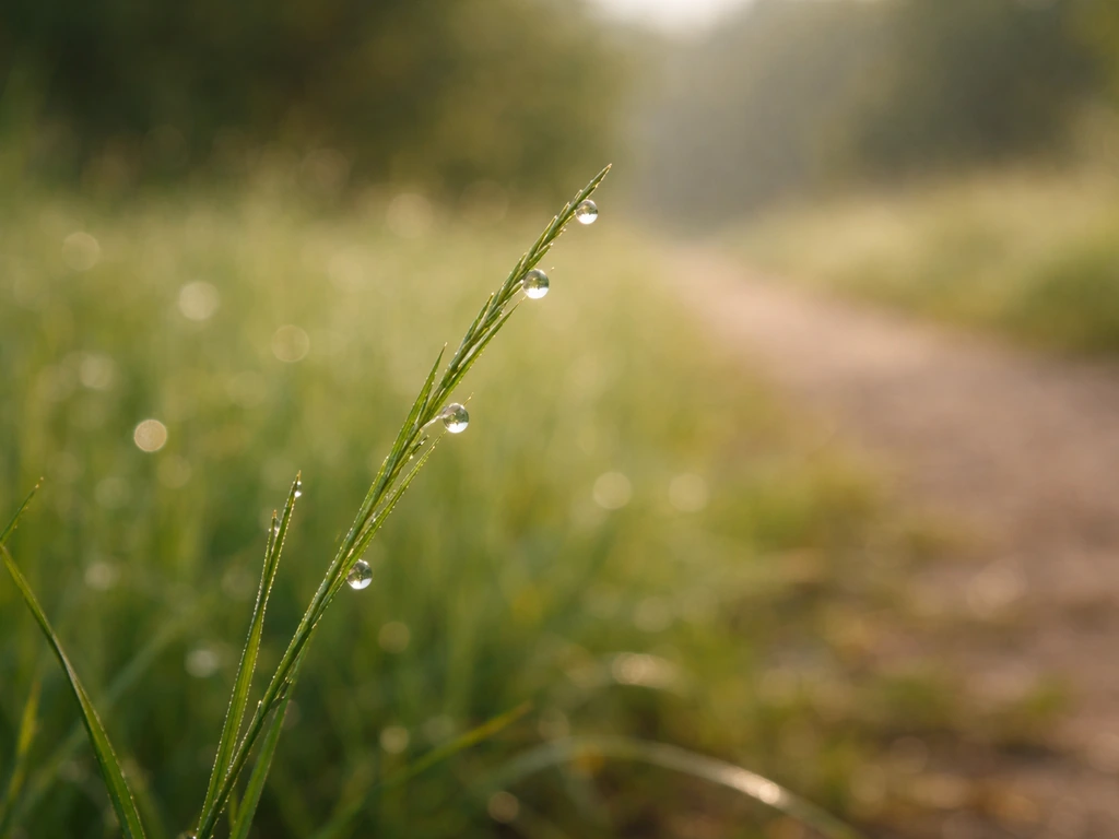Gros plan d’un petit brin d’herbe verdoyant au premier plan, fond naturel flou, style photo réaliste.