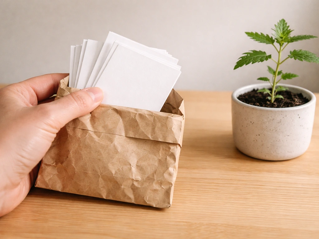 Main tenant une enveloppe de mots et une petite plante en pot, ambiance de vérification simple