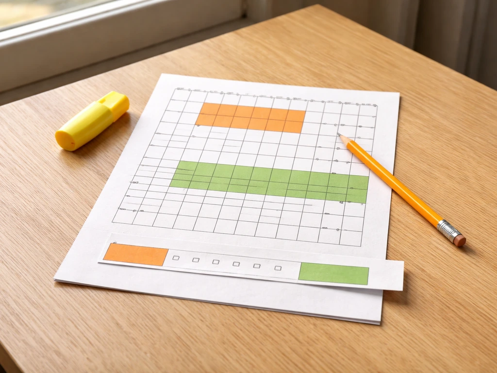 Table avec grille de mots croisés vierge, crayon et surligneur, repères visuels pour décomposer l’indice.
