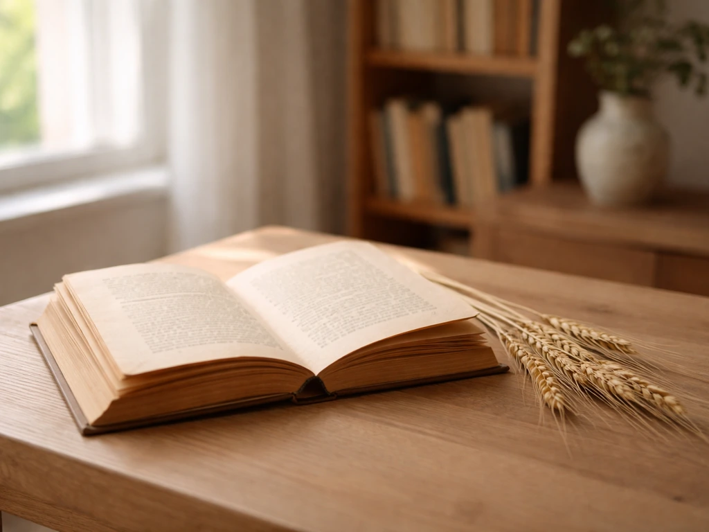 Livre ancien ouvert et épis de blé sur une table près d’une fenêtre, ambiance littéraire discrète.
