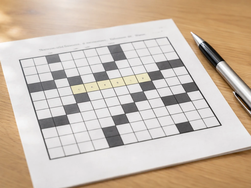 Grille de mots croisés sur table avec cinq cases mises en évidence, évoquant un mot de 5 lettres.