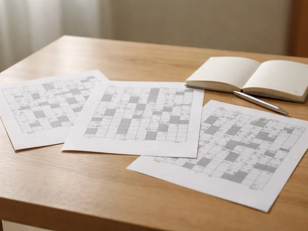 Petite table avec carnet et stylo, deux grilles de mots fléchés sur feuille, alternatives côte à côte.