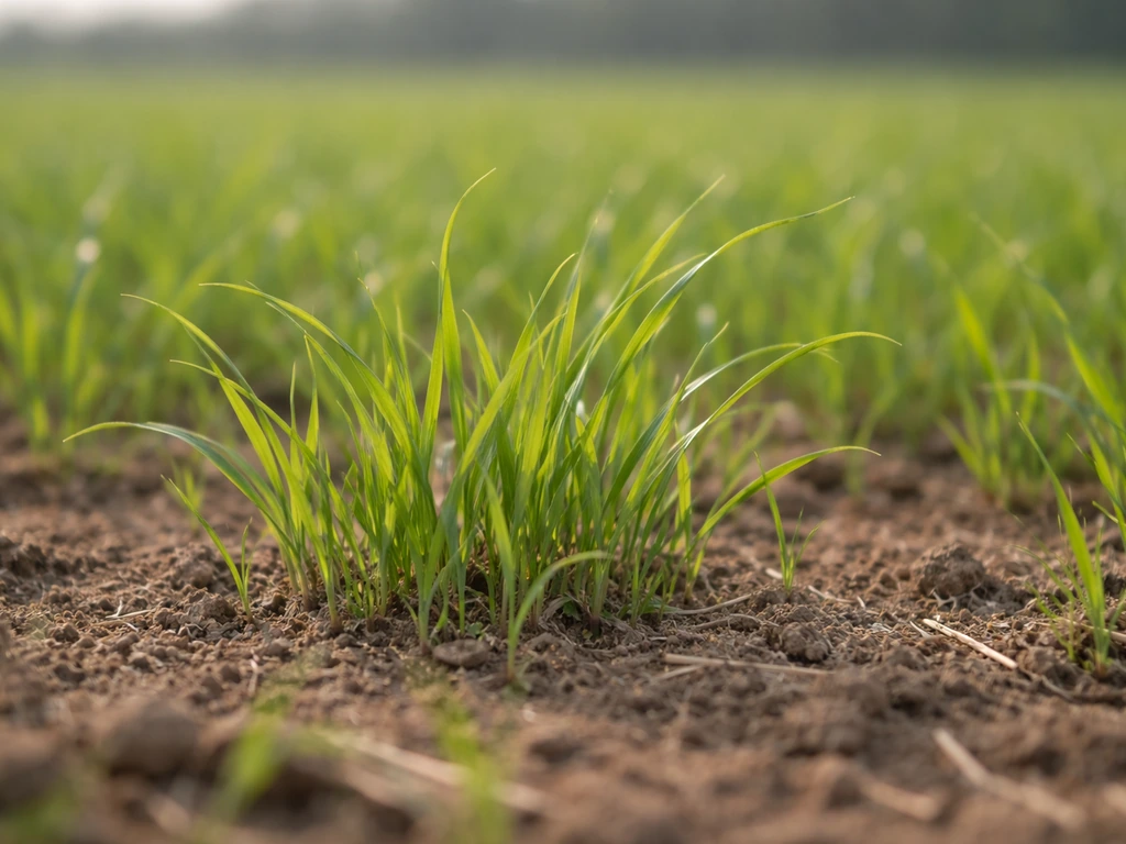 Jeunes pousses de blé vert tendre, vues de près dans un champ, lumière naturelle douce.