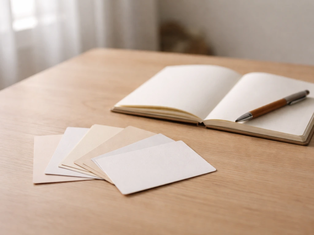 Cartes vierges et carnet ouvert sur une table en bois, ambiance naturelle pour comparer des propositions.