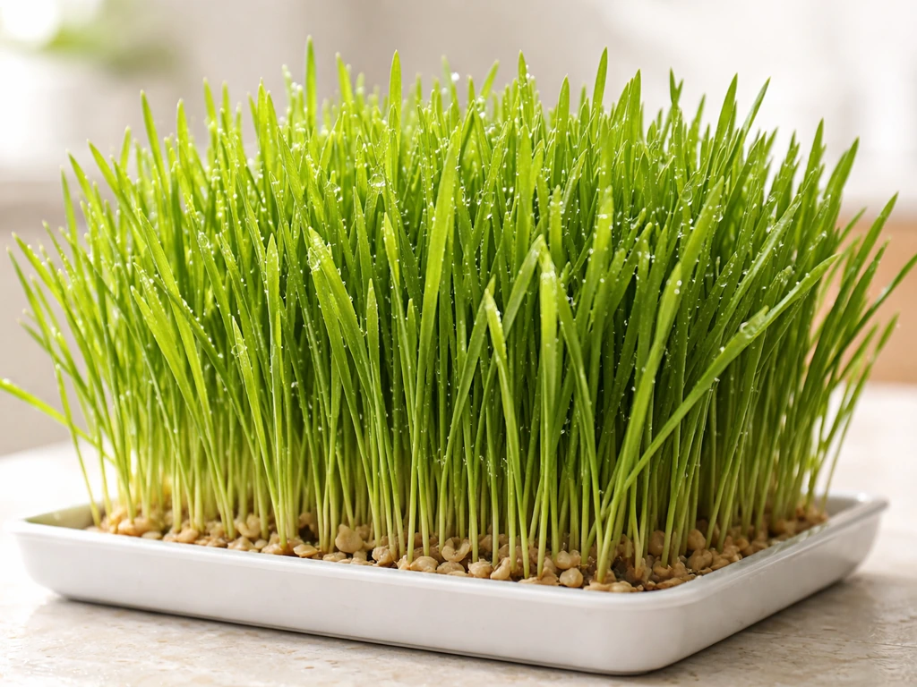 Gros plan d’un plateau de blé en herbe très jeune, vert frais avec des gouttes d’eau.