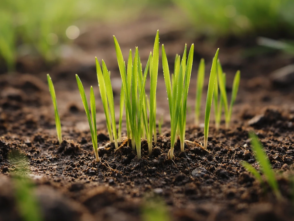 Jeunes pousses de blé en herbe vertes, sans épi ni grain, sortant de la terre.