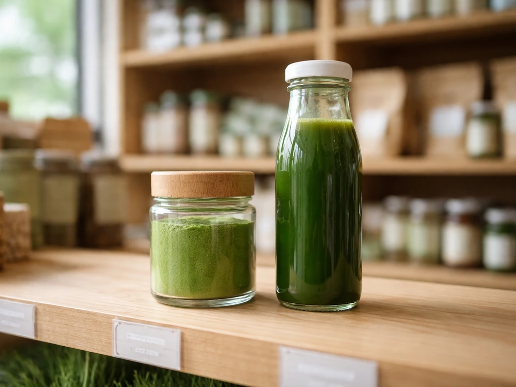 Rayon d’un magasin bio avec poudre d’herbe de blé bio et bouteille de jus d’herbe de blé.