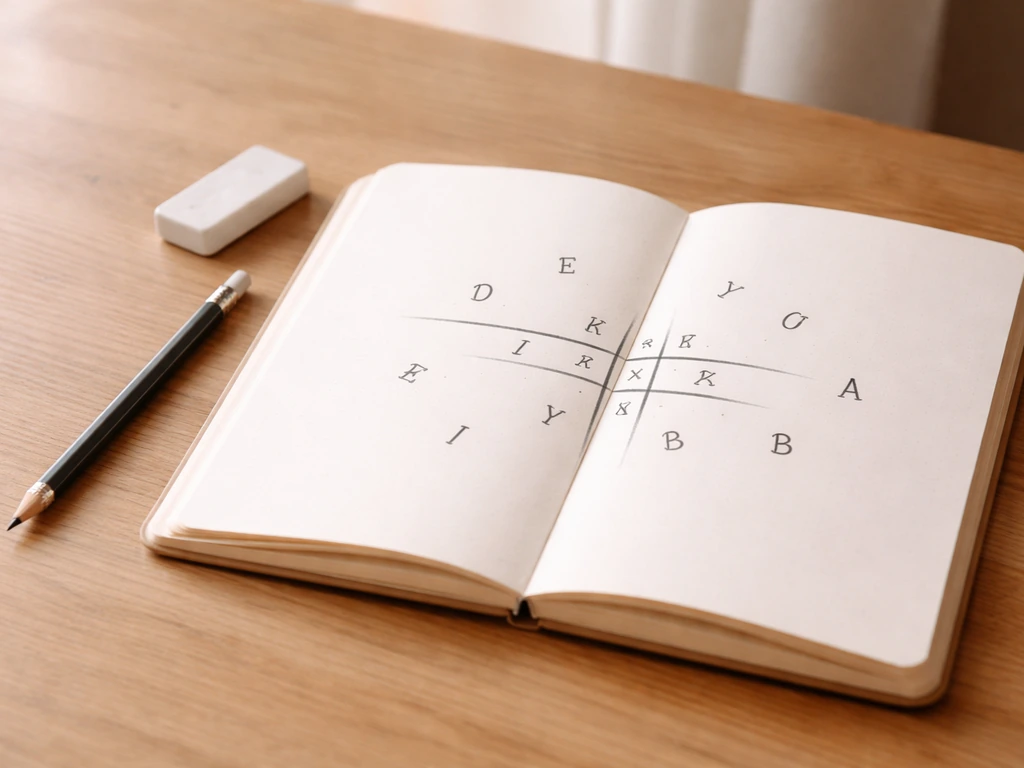 Plan rapproché d’un carnet avec des lettres et deux mots qui se croisent, manuscrit, style pédagogique.