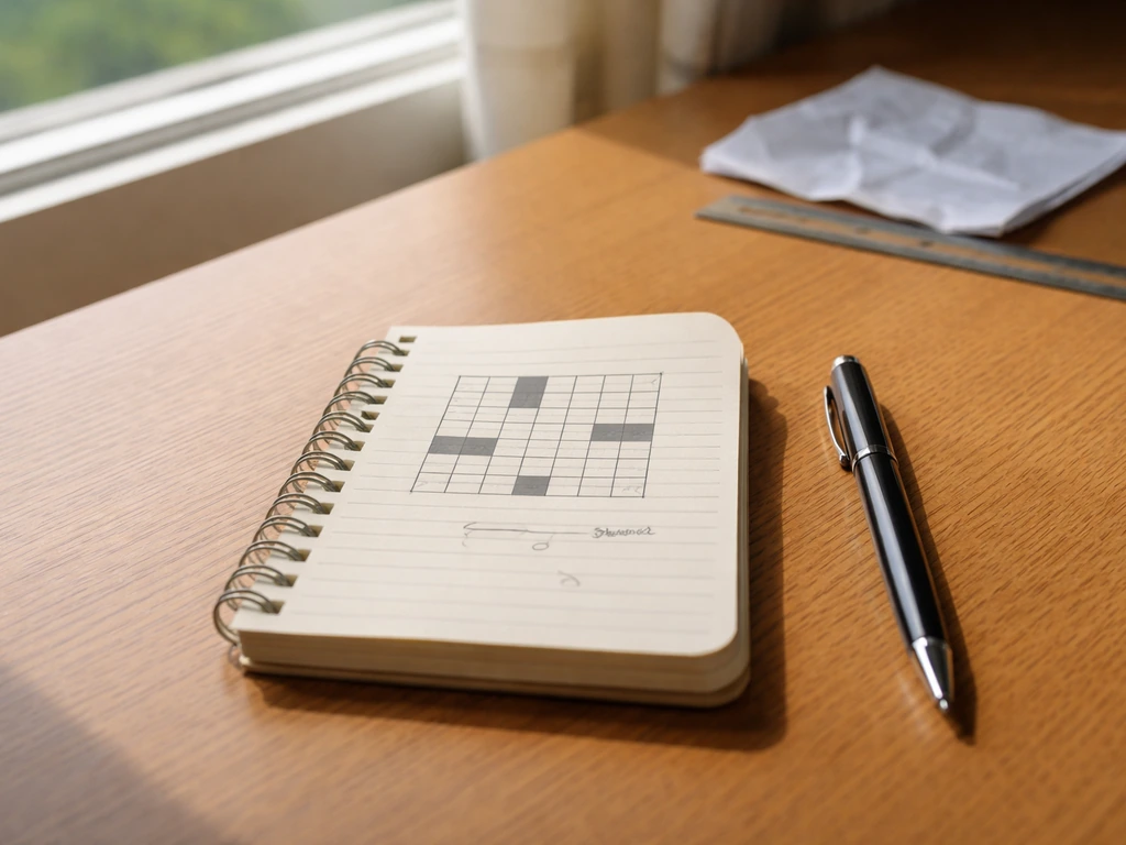 Bureau avec une grille de mots croisés et un exemple de correction manuscrite, lumière naturelle.