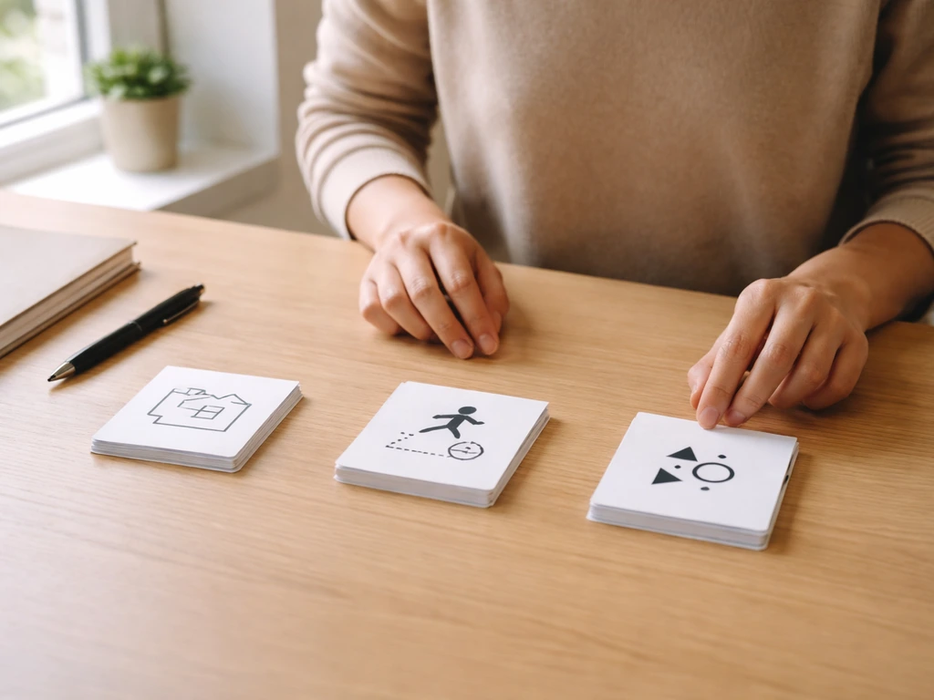 Personne anonyme dans un bureau calme classant des cartes en trois catégories : lieu, entraînement, autre.