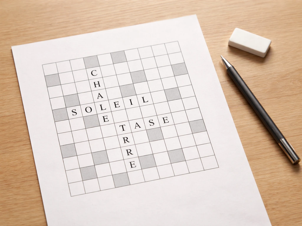 Grille de mots croisés sur table, avec quelques lettres croisées et un stylo pour vérifier la réponse.