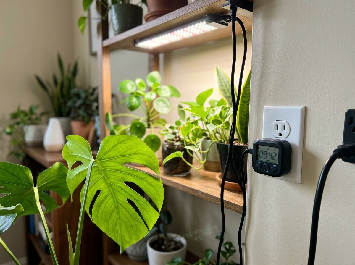Digital outlet timer connected to a grow light controlling daily run time