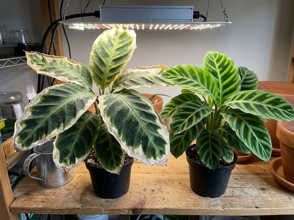 Comparison of plant leaf damage indicating common grow-light problems