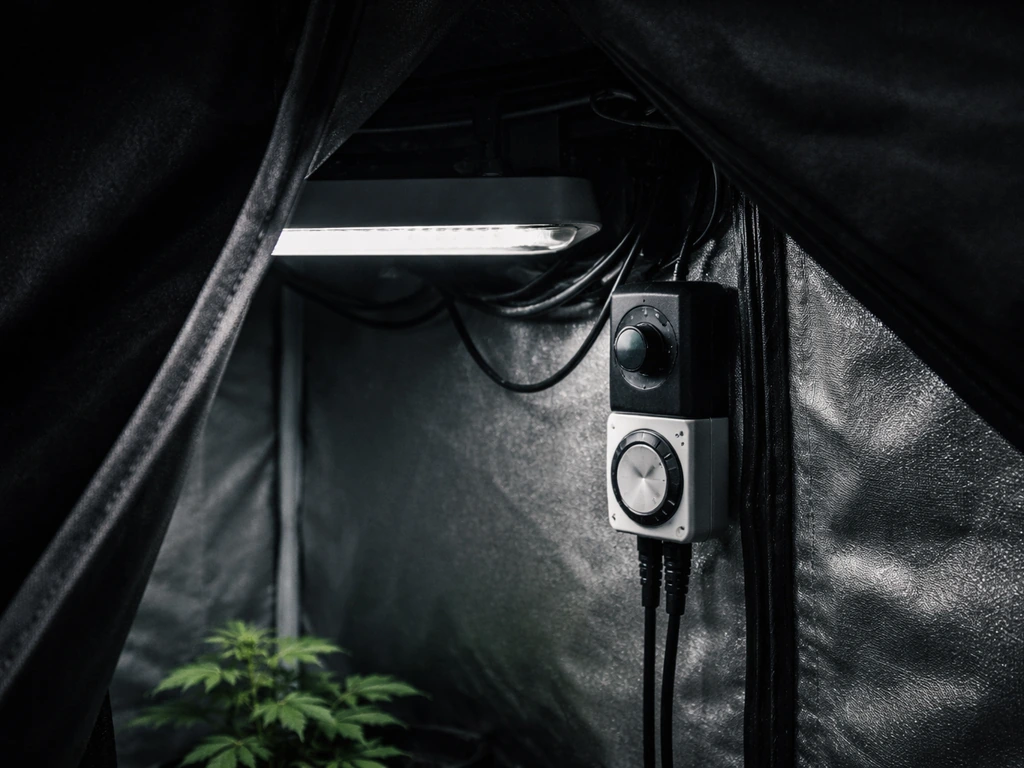 Close-up of an indoor grow tent with blackout fabric and a lighting/timer control setup.