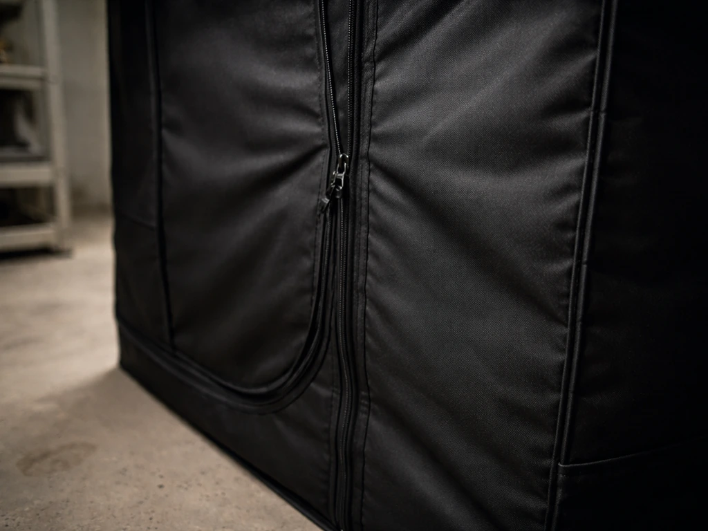 Close-up of sealed grow tent zipper with dark light-blocking fabric panels in a clean indoor grow space