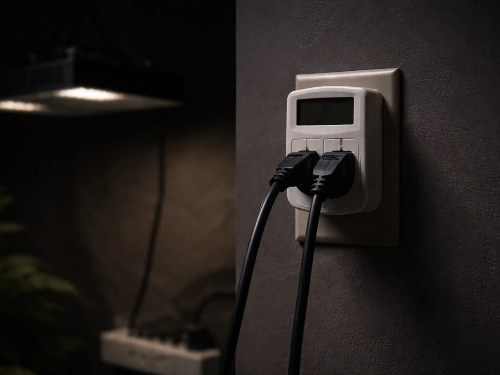 Digital timer with connected cords controlling a grow light inside a darkened room
