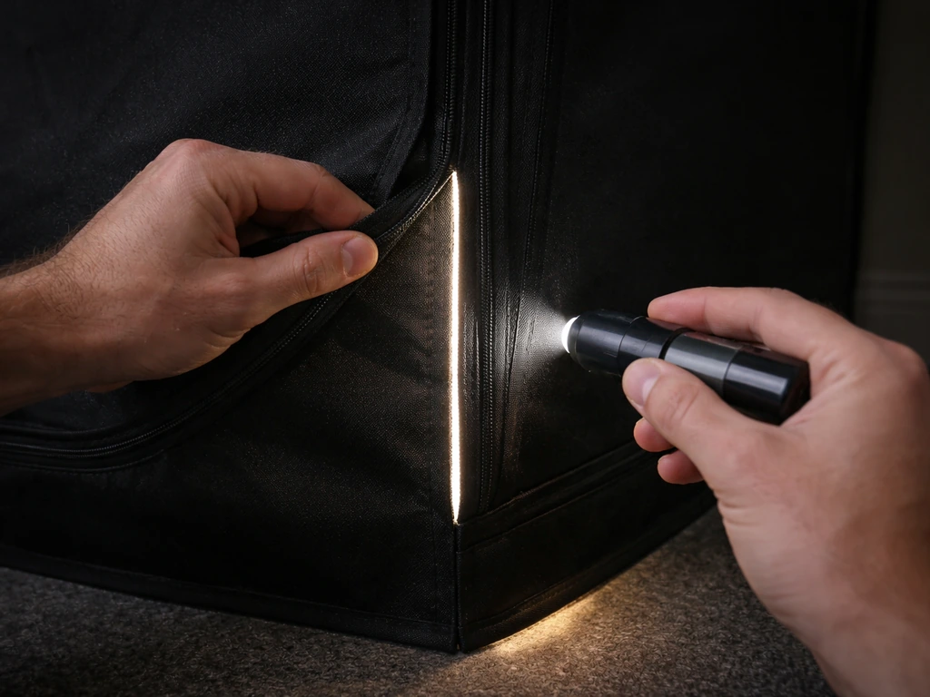 Hands checking a grow tent door seam for a thin light leak with a flashlight in dim light