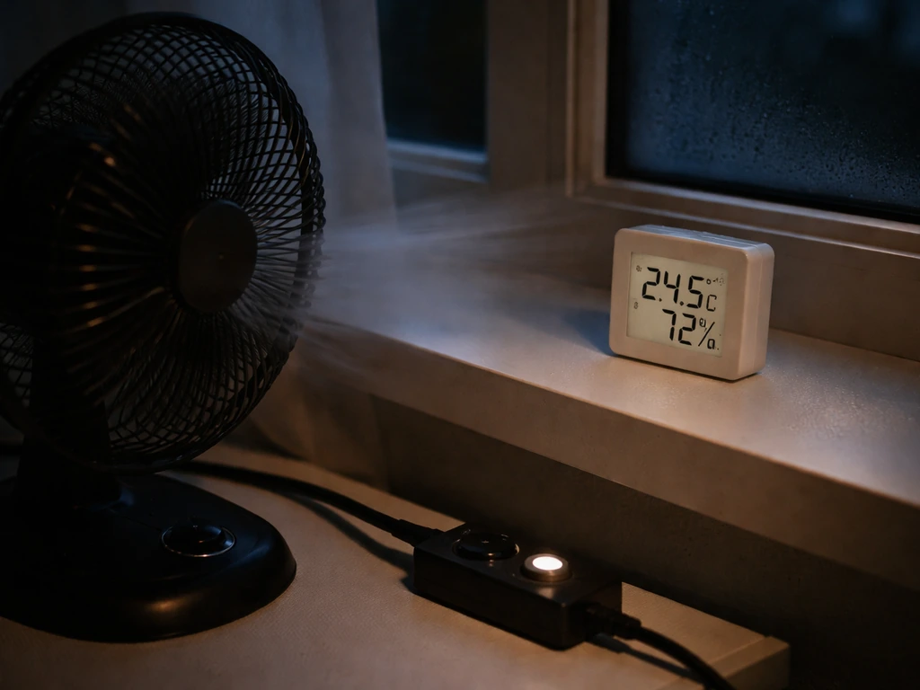 Digital temperature-humidity sensor beside a cooling fan in a dim room after lights off