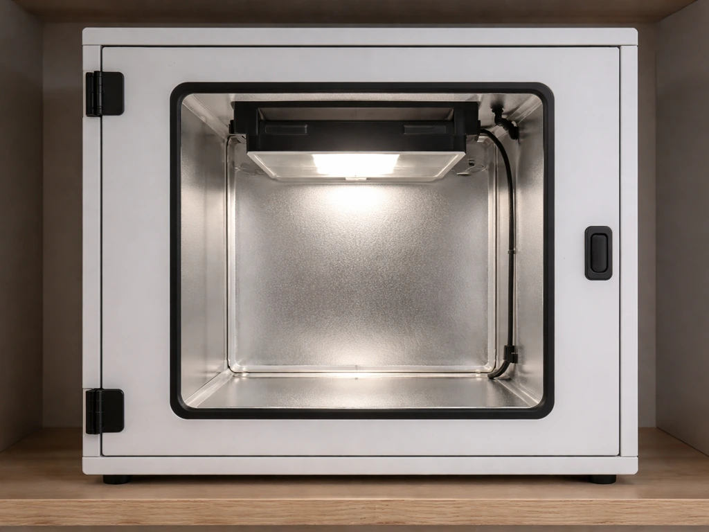 Minimal sealed grow box with a reflective internal light trap installed, closed interior with directed light.