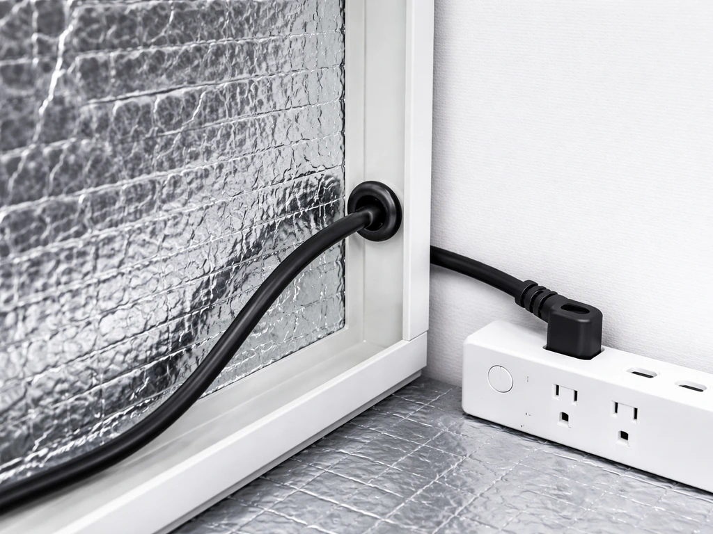 Power cord routed through a grommet with wiring kept outside a reflective lining in an electrical enclosure.