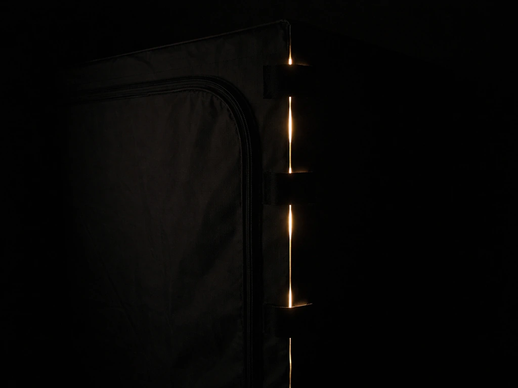 Dark room grow box door with faint light leaks glowing near hinges and frame gaps