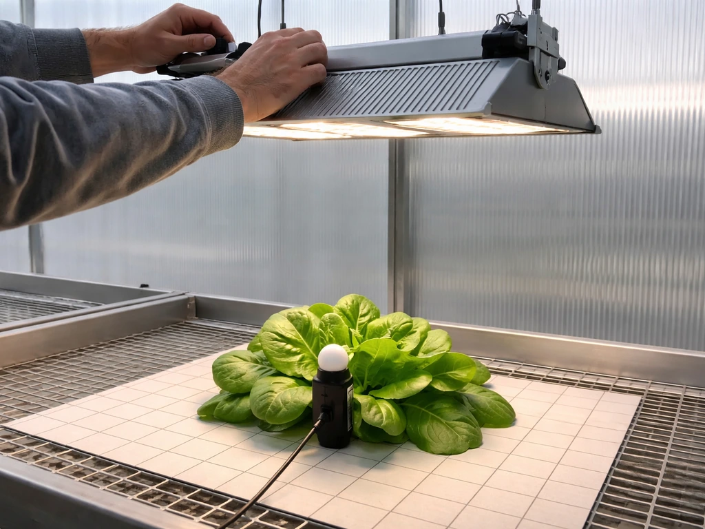 Hands adjust an LED grow light while a PPFD meter probe checks canopy-level light on a uniform grid mat.