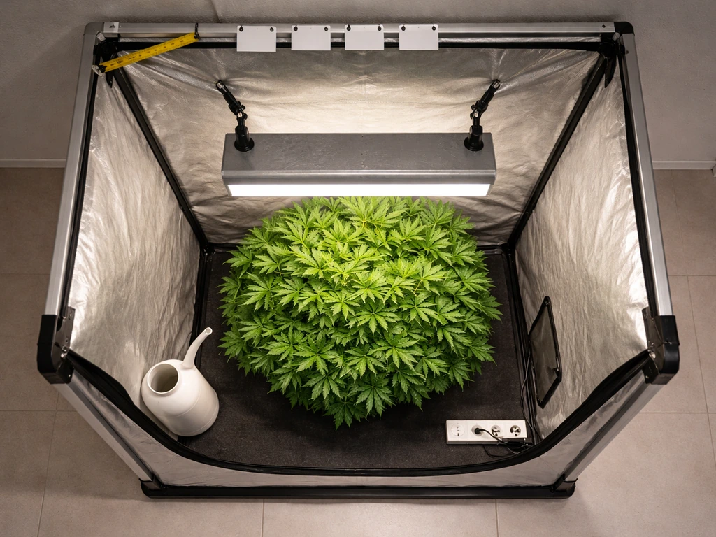 Top-down view of a grow tent with a mounted LED light above leafy plants and minimal checklist-like setup.