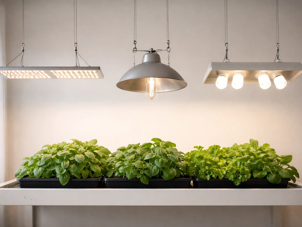 Three different grow lights mounted above a simple indoor grow bench with plants in minimal view.