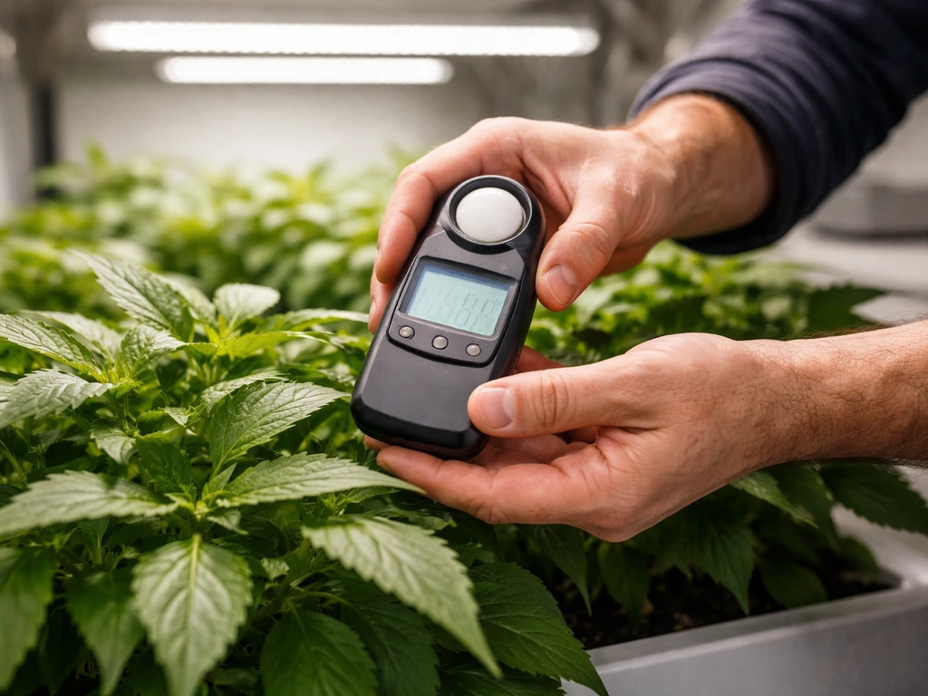 Close-up of a small light meter held at plant canopy level, checking light intensity.