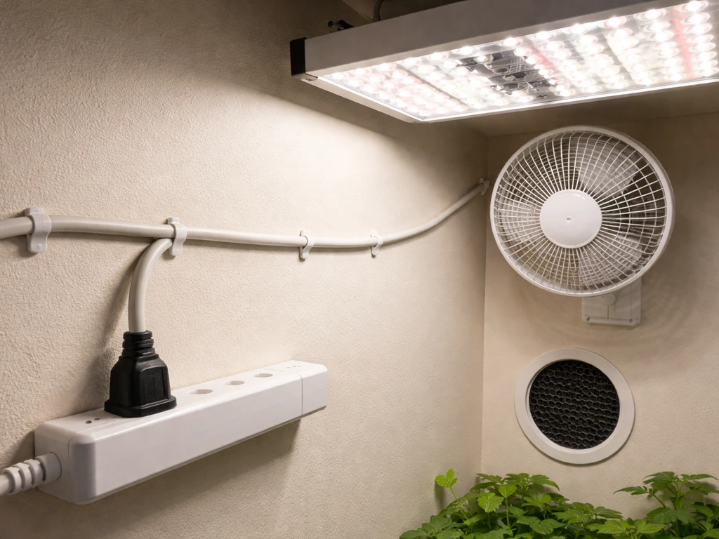 Close-up of neatly routed grounded wiring and airflow fan near an LED grow light, with no exposed hazards.