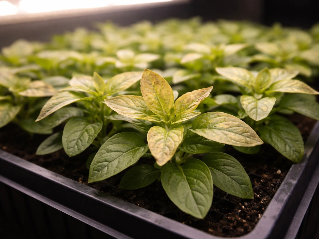 Seedlings with white/yellow bleached patches on the upper leaves near a bright grow light