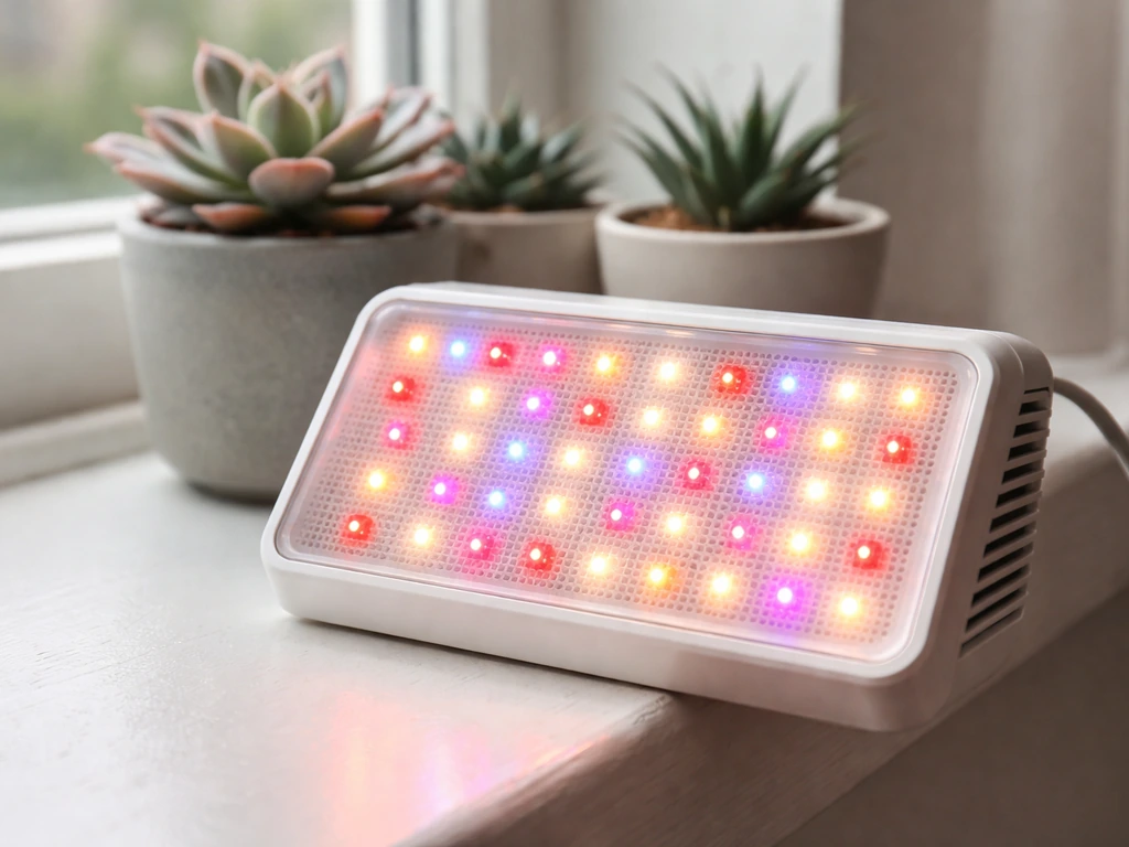 Close-up of a full-spectrum LED grow light beside potted succulents on a windowsill.