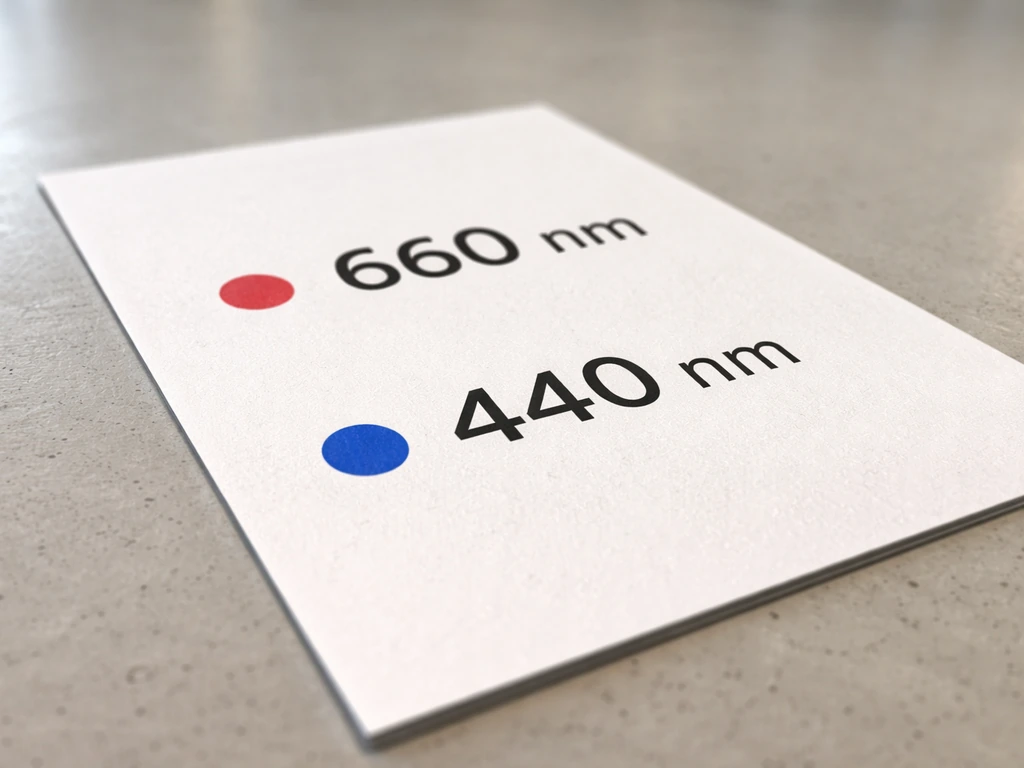 Close-up of an LED grow light spec card highlighting red 660 nm and blue 440 nm wavelengths.