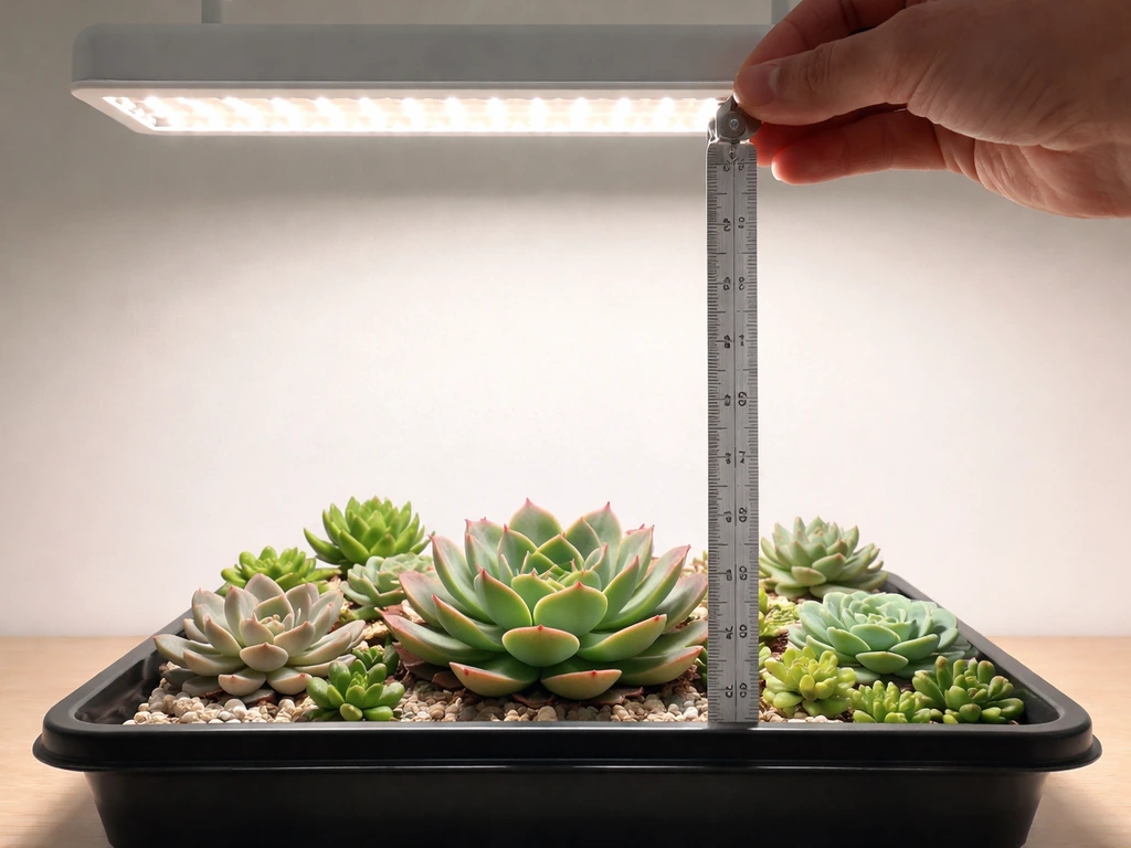 Succulents under a LED grow light with a tape measure showing the canopy-to-light mounting height.