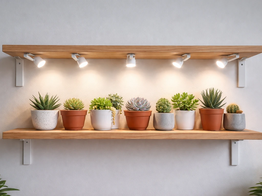 Small succulent shelf lit by multiple angled LED grow lights for even coverage.