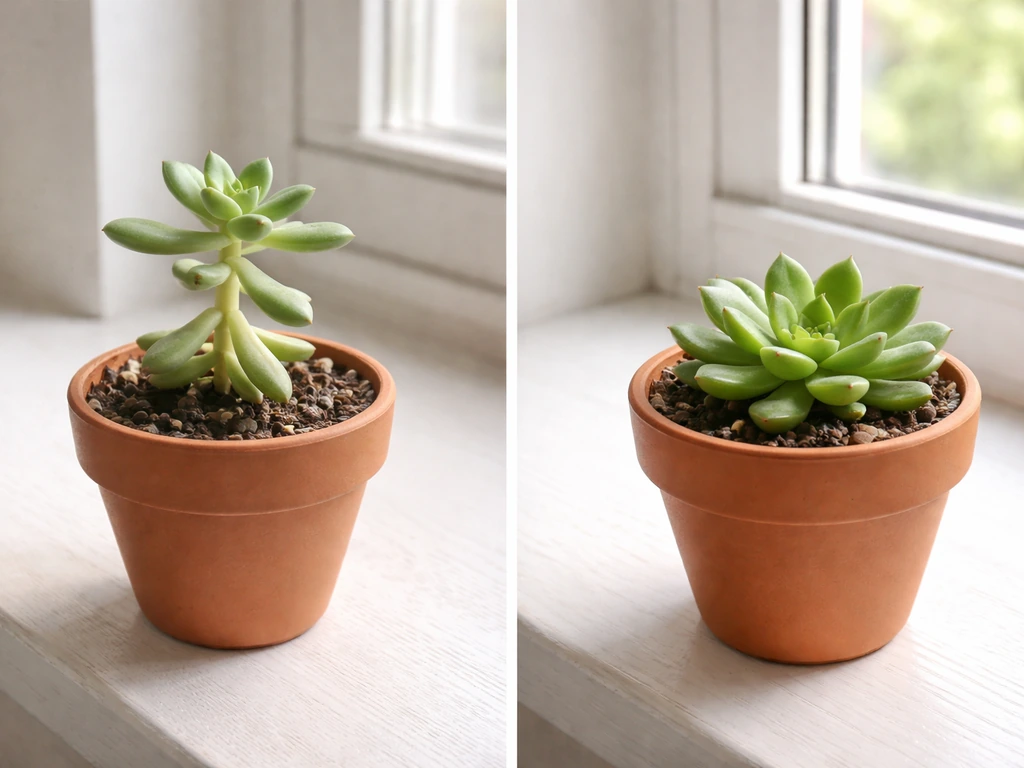 Succulents with faded color beside the same plant in brighter light, showing improved color.