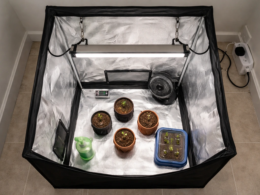 Overhead view of a compact 2x2 grow tent with a budget LED light and simple timer plug-in setup.