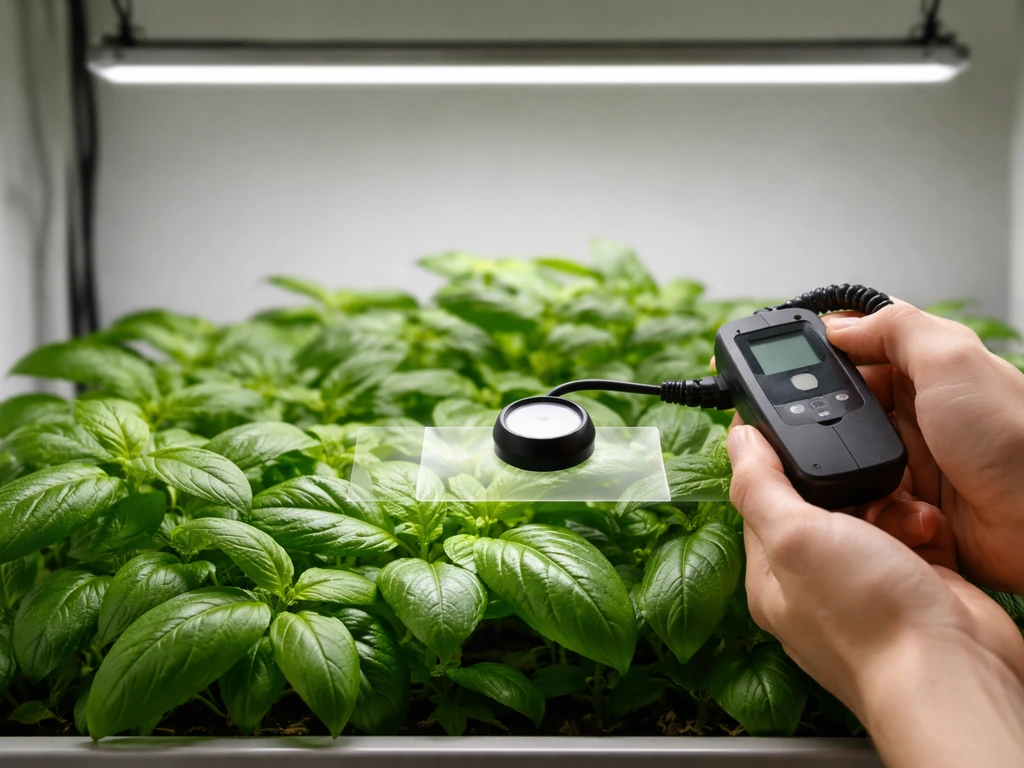 Hands hold a quantum light meter at plant-canopy level under a slim LED grow bar.