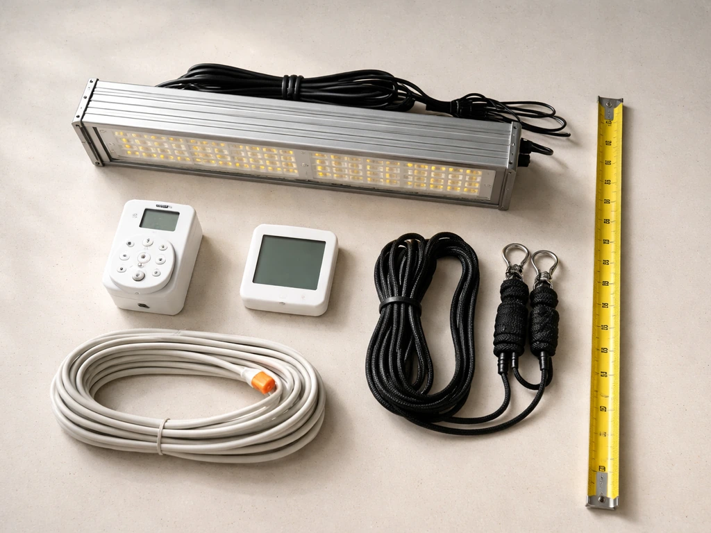 Minimal flat-lay of LED grow light, timer, sensor, extension cord, ratchet kit, and measuring tape on a tabletop.