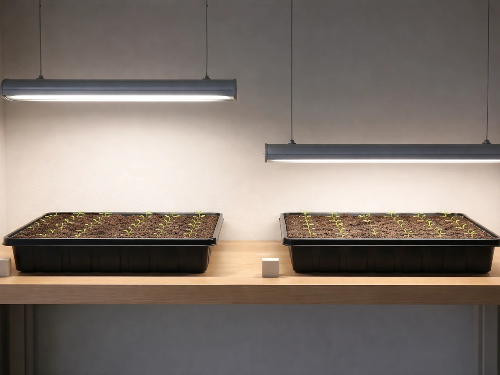 Two seedling trays under different grow-lamp heights showing uneven vs even light coverage.