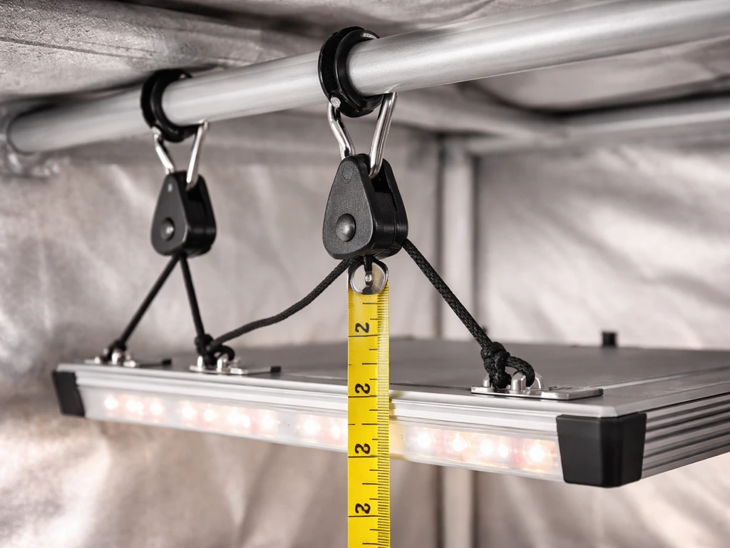 Close-up of ratchet clips securing a grow light to a tent ceiling with tape measure showing height